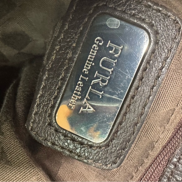 FURLA Shoulder Bag  Brown & Orange Leather  Side Zippers Large Tote Straps - Picture 13 of 15